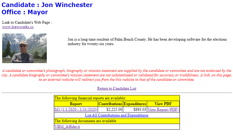 Screenshot of candidate bio/report screen